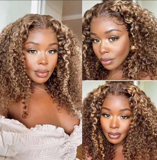 Honey Blonde Highlights Curly HD Lace 4x4 Closure, 13x1 T Part,  13x4 Frontal Wig 