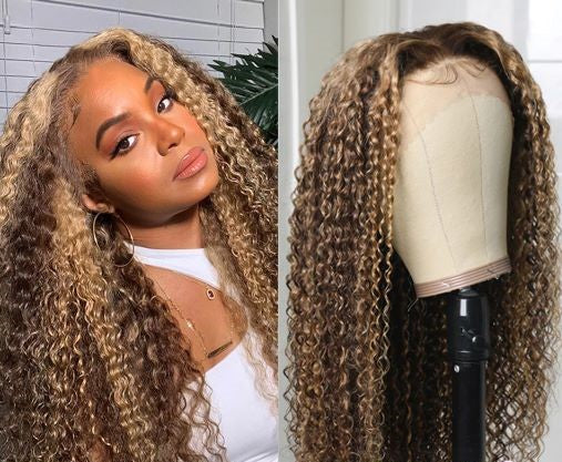 Honey Blonde Highlights Curly HD Lace 4x4 Closure, 13x1 T Part,  13x4 Frontal Wig 
